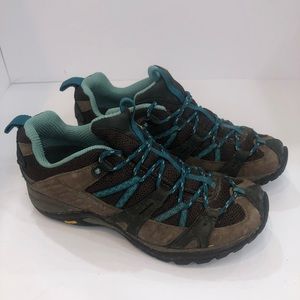 Merrell Espresso Mineral Performance Vibram Hiking Brown Blue Women’s Sz 7